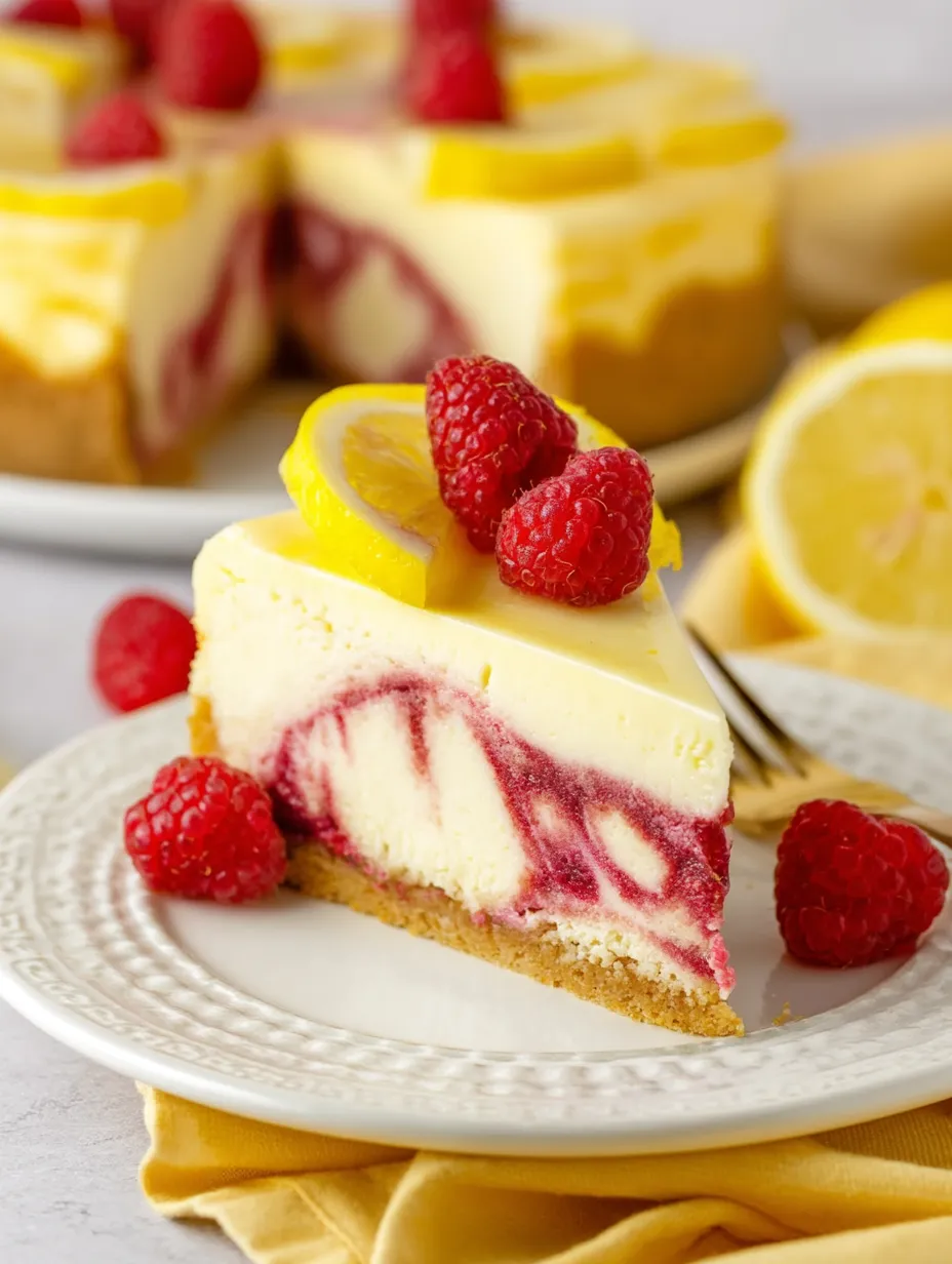 Ein Stück Käsekuchen mit Himbeeren obenauf.