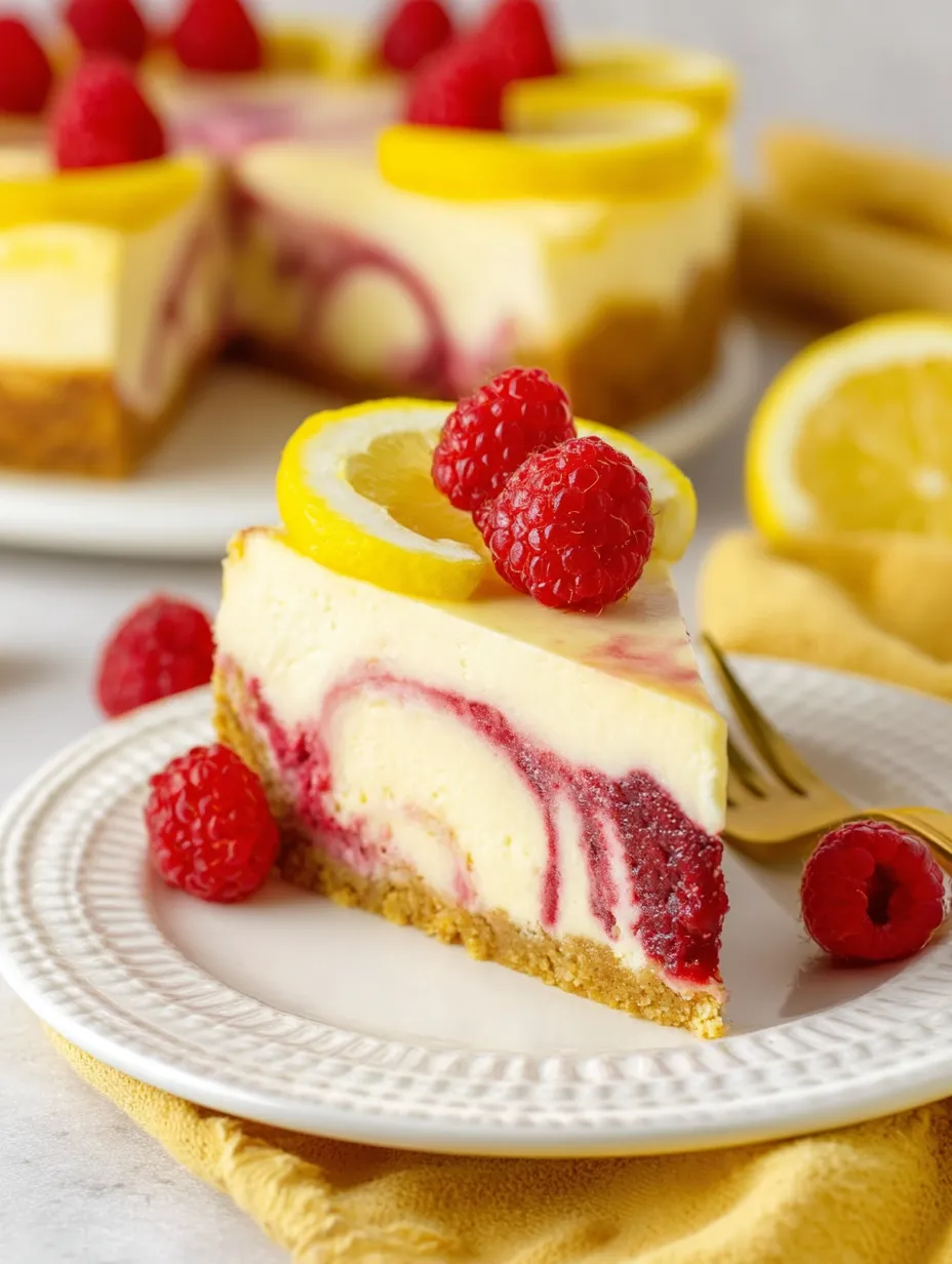 Ein Stück Käsekuchen mit Himbeeren obenauf.