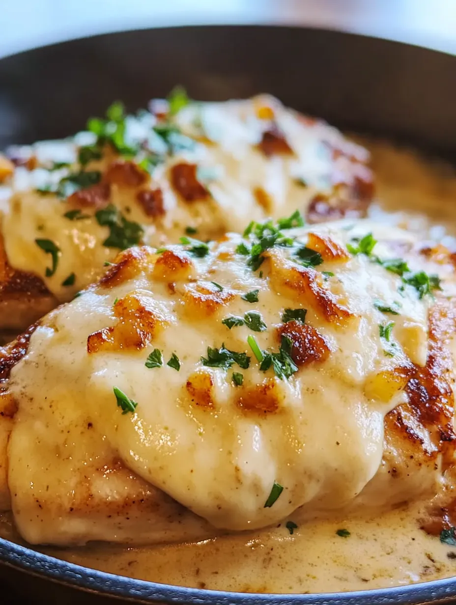 Ein Hähnchenstück mit geschmolzenem Käse obendrauf.