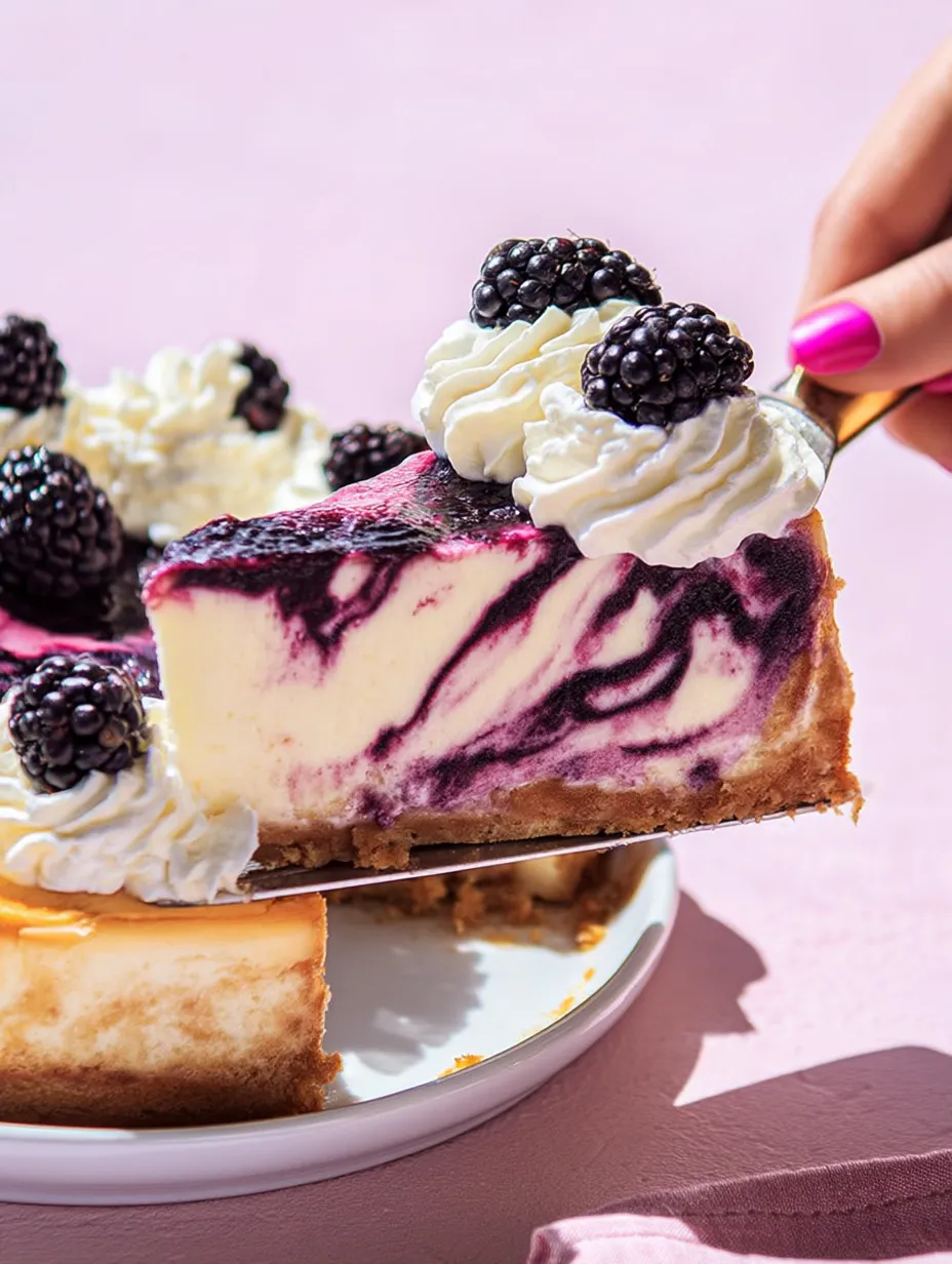 Ein Stück Käsekuchen mit Brombeeren obendrauf.