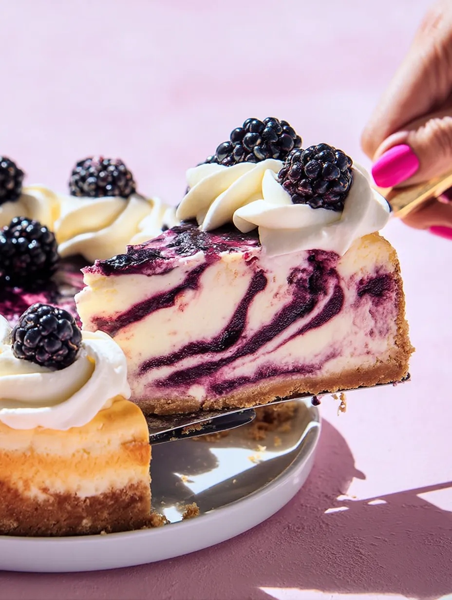 Ein Stück Torte mit Brombeeren oben drauf.