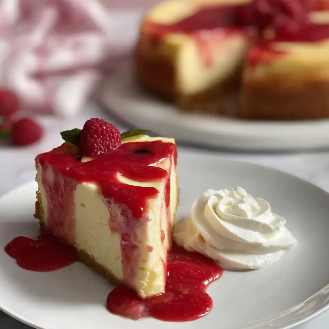 Ein Stück Käsekuchen mit Sahnehäubchen obendrauf.