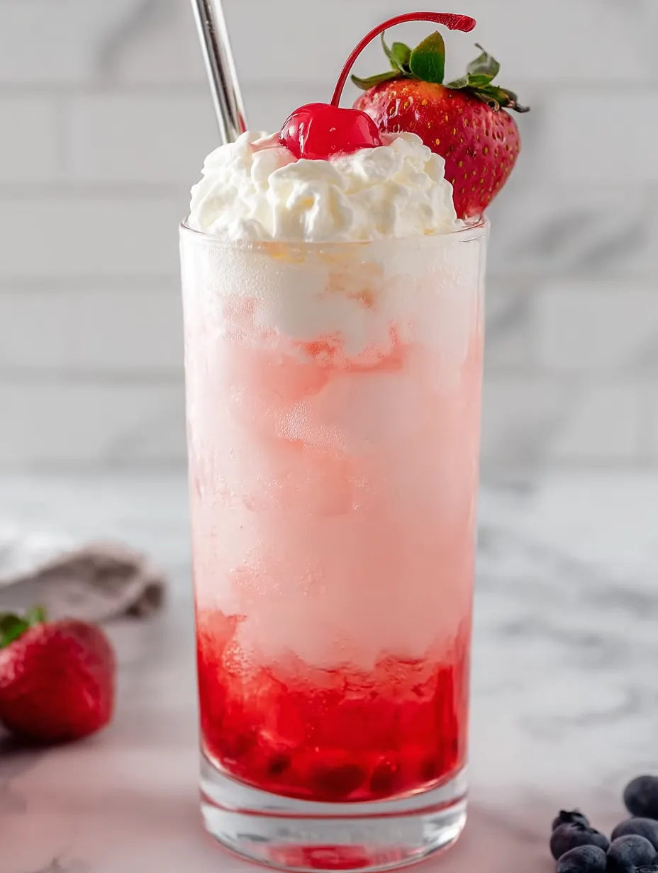 Ein Glas mit pinkem Getränk und Erdbeeren.
