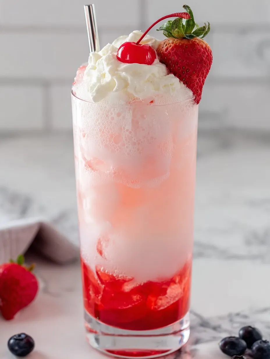Ein Glas mit pinkem Getränk und Erdbeeren.
