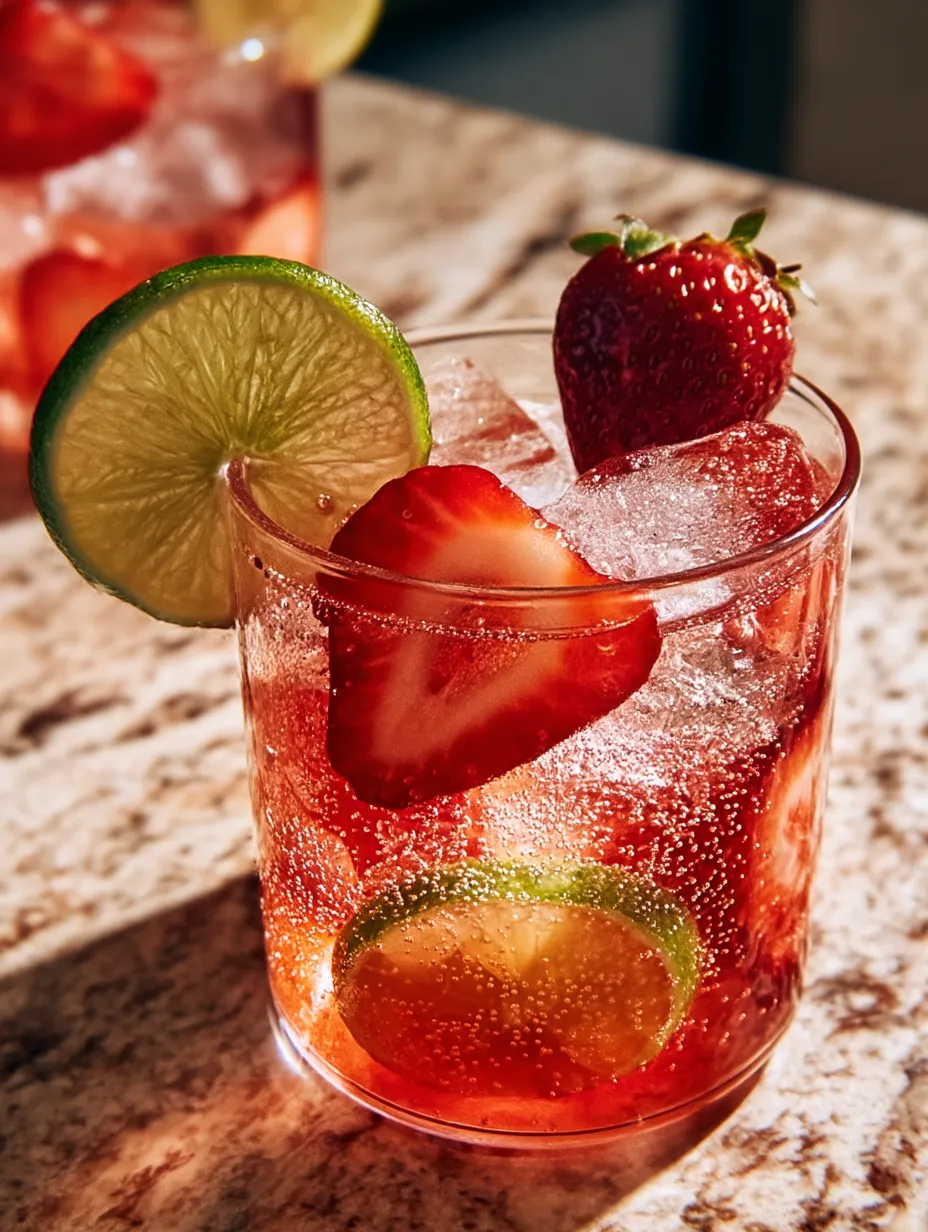 Ein Glas rotes Getränk mit Erdbeeren und Limetten.