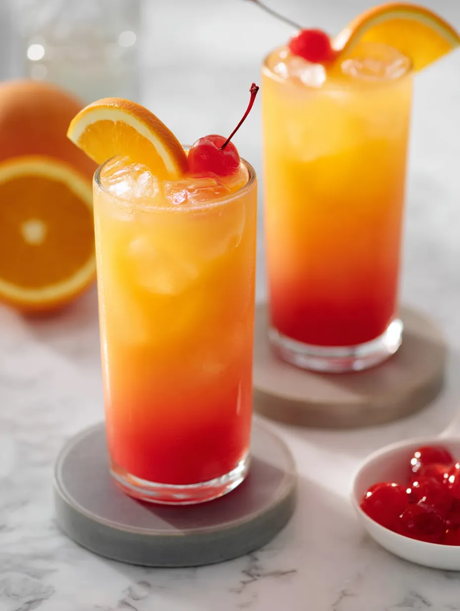 Zwei Gläser Orangensaft mit Kirsche obendrauf.