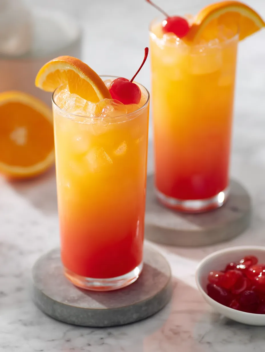 Zwei Gläser Orangensaft mit Kirschen daneben.