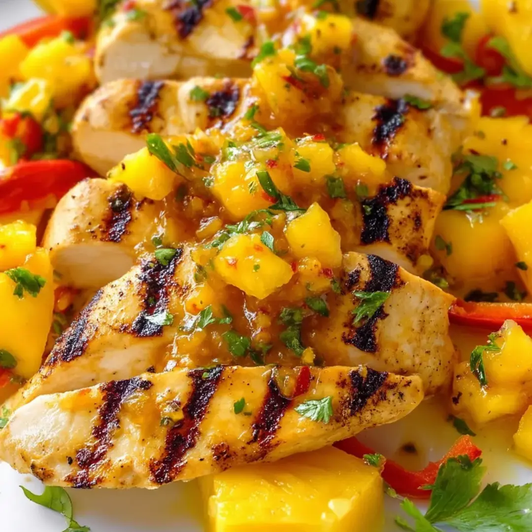 Ein Teller mit gegrilltem Hähnchen, Ananas und Paprika.