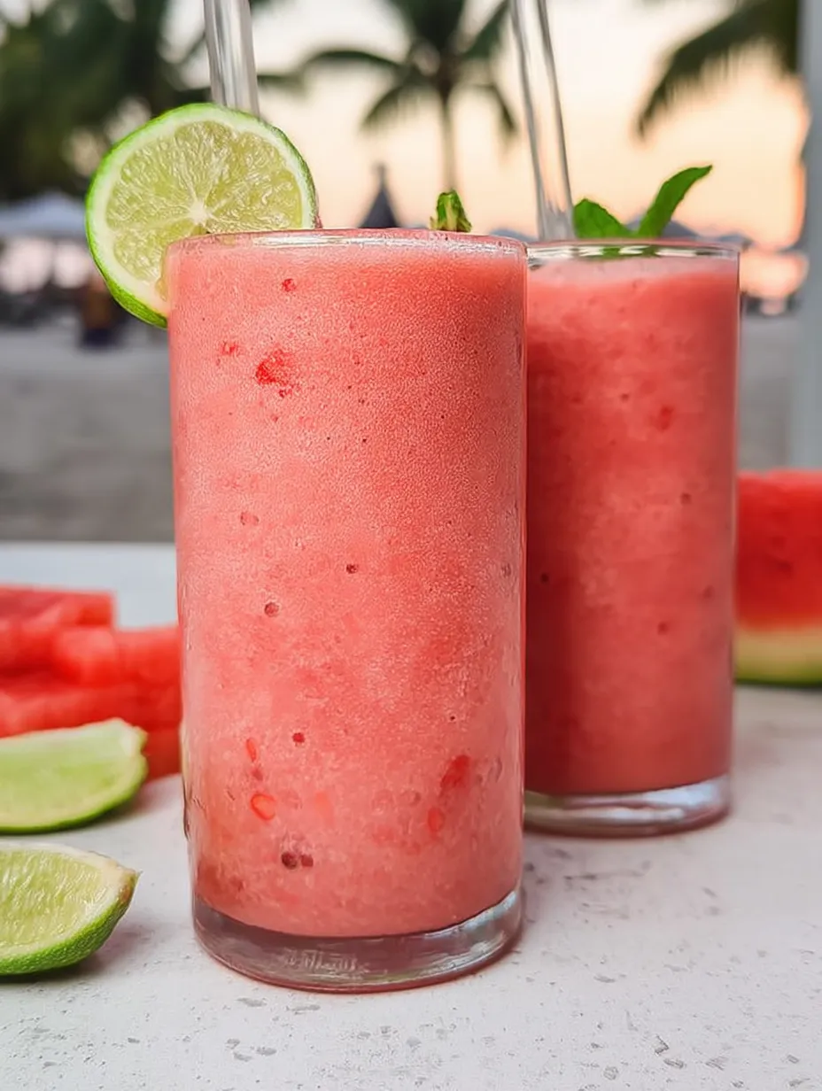 Zwei Gläser mit rosa Smoothie und Limetten am Rand.