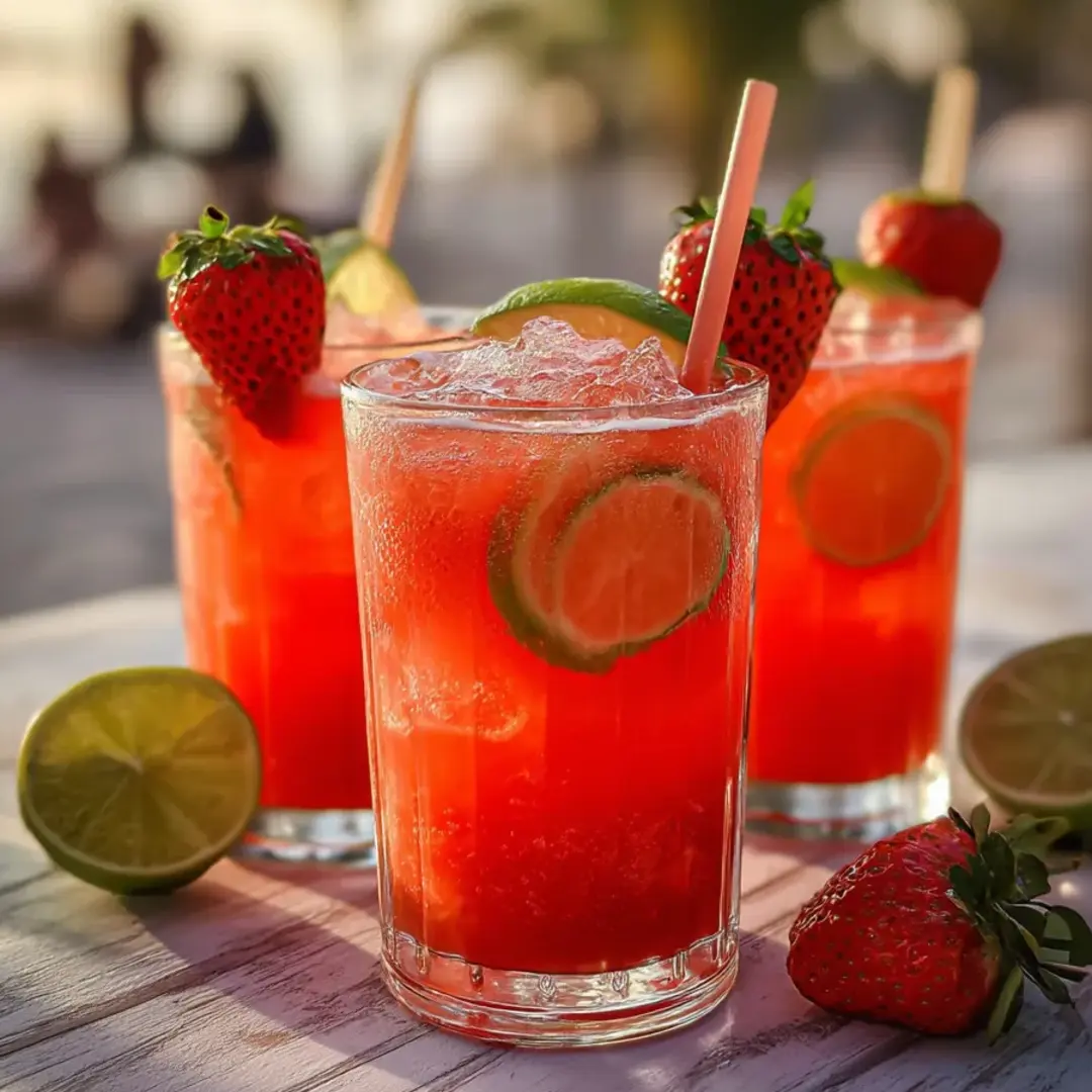 Zwei Gläser rotes Getränk mit Erdbeeren und Limetten.