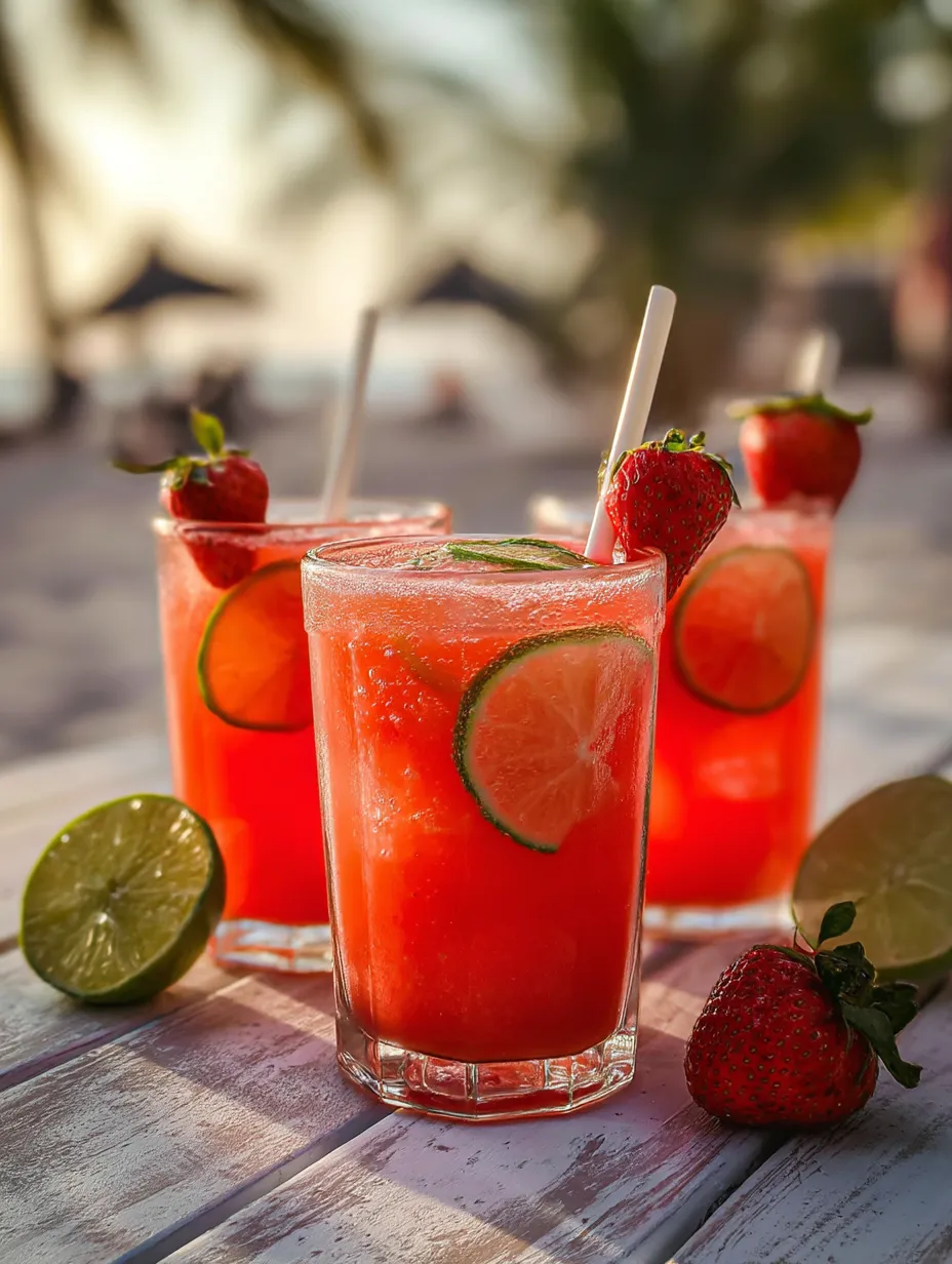Drei Gläser rosa Getränk mit Erdbeeren und Limetten.