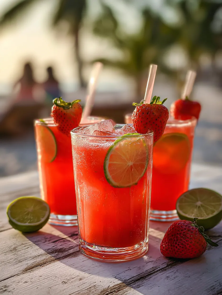 Drei Gläser Erdbeersaft mit Limetten.