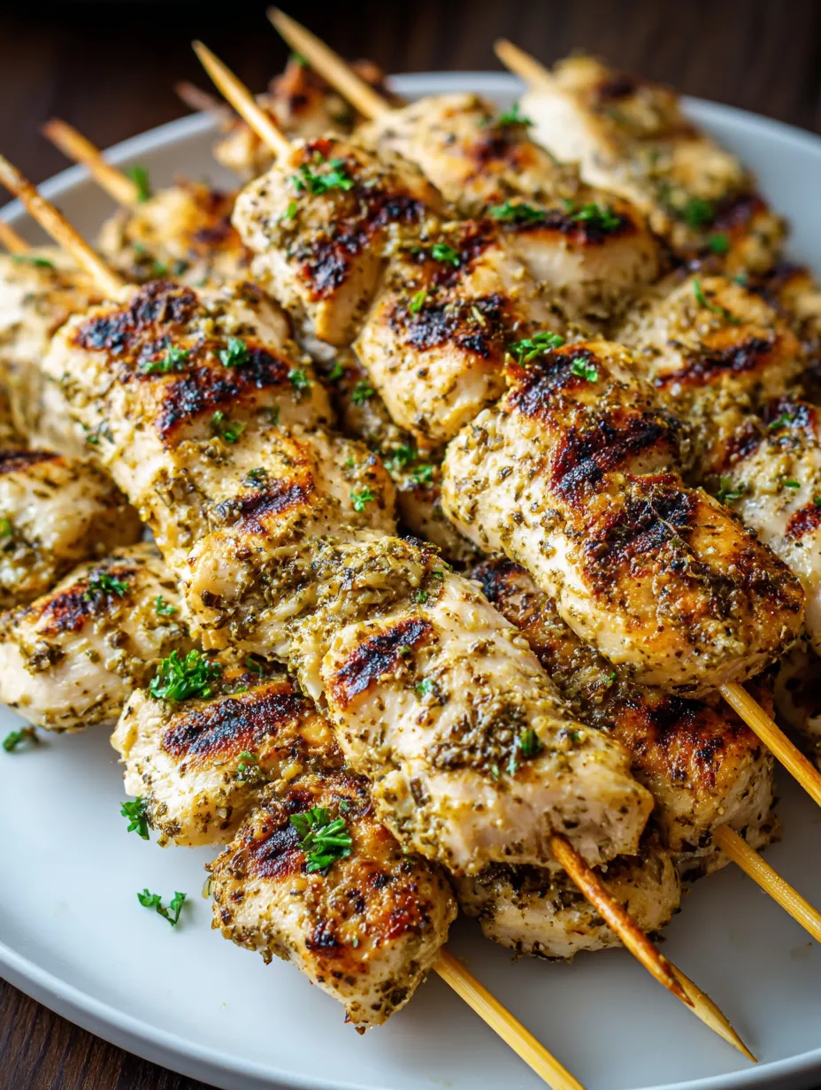 Teller mit gegrillten Hähnchenspießen und frischen Kräutern.