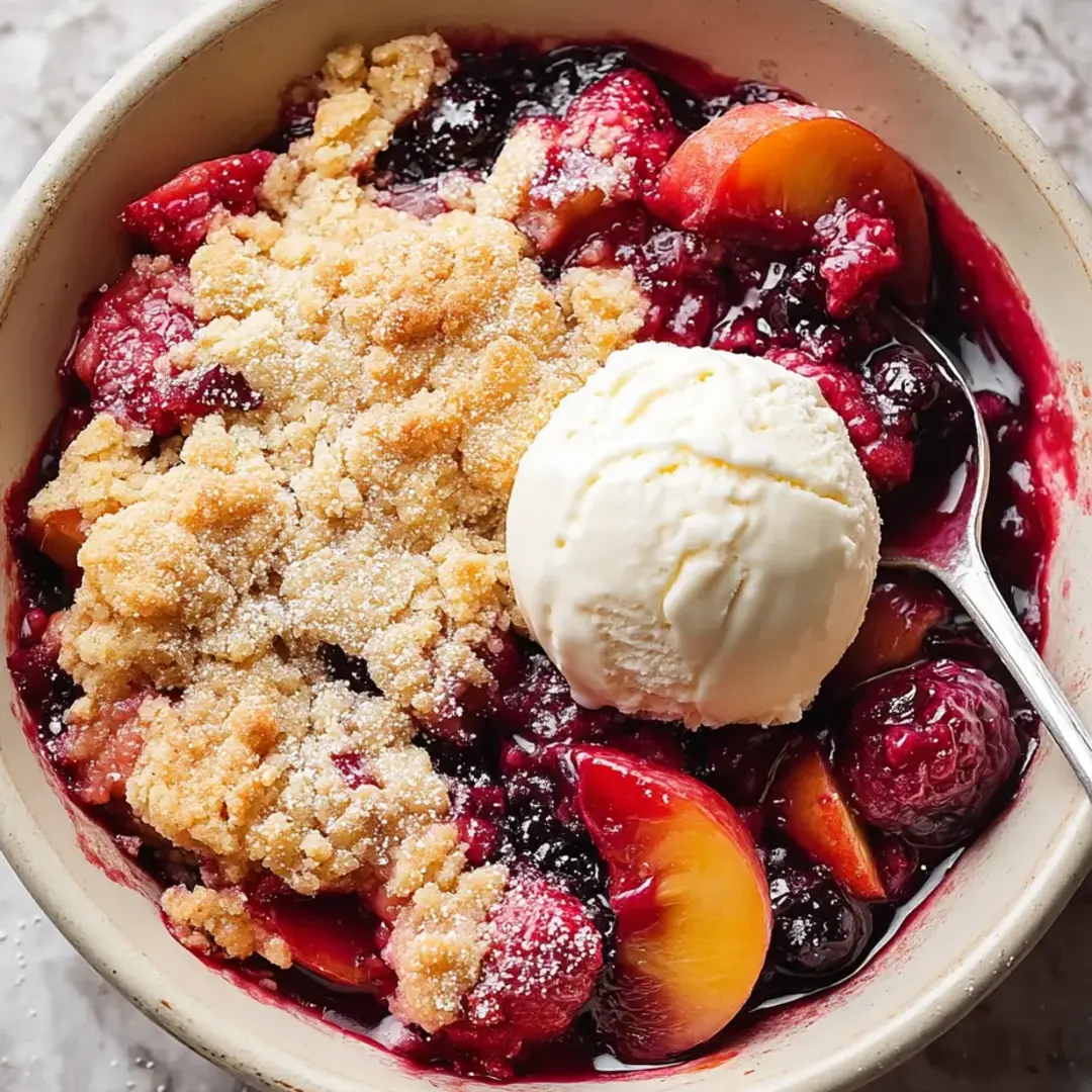 Eine Schale Obst mit einer Kugel Eis obendrauf.