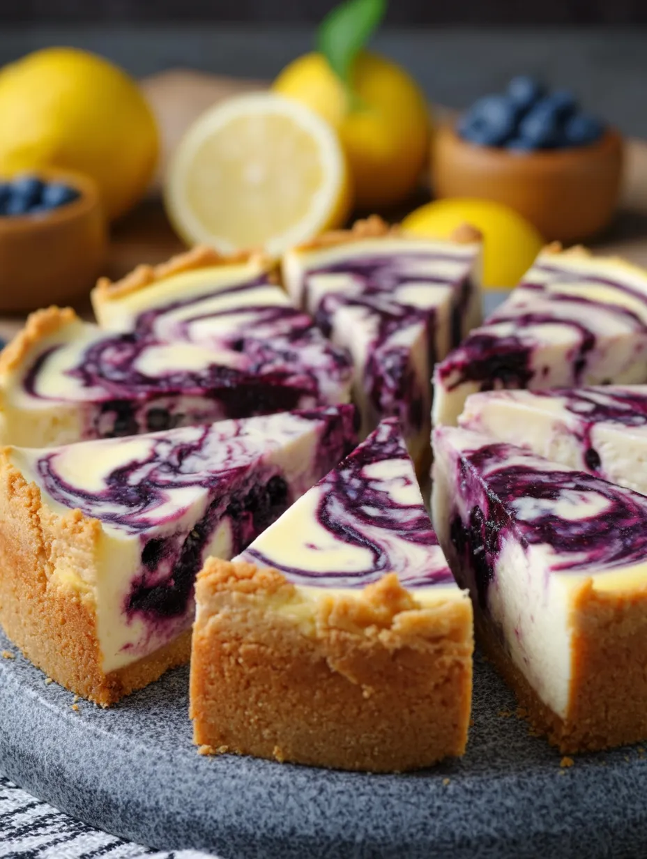Ein Stück Blaubeer-Käsetorte mit Zitronenscheiben daneben.