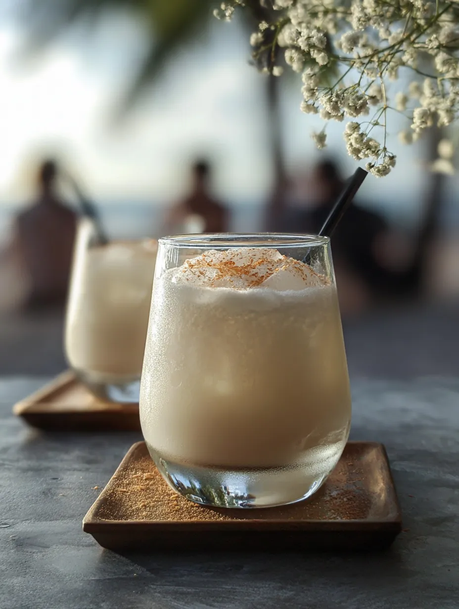 Zwei Gläser mit weißem Drink und Strohhalmen.