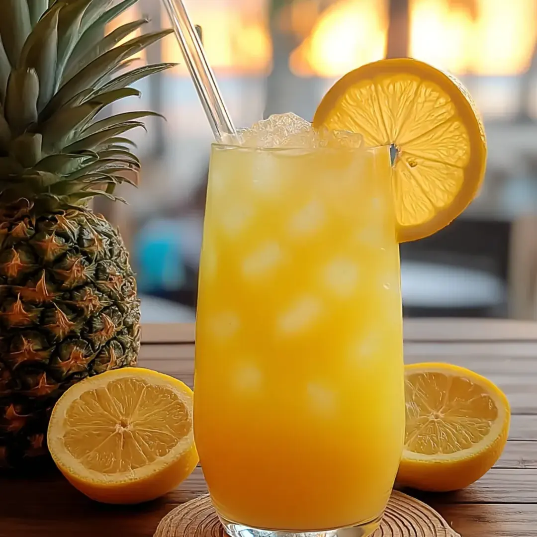 Ein Glas Orangensaft mit Zitronenscheiben auf einem Untersetzer.