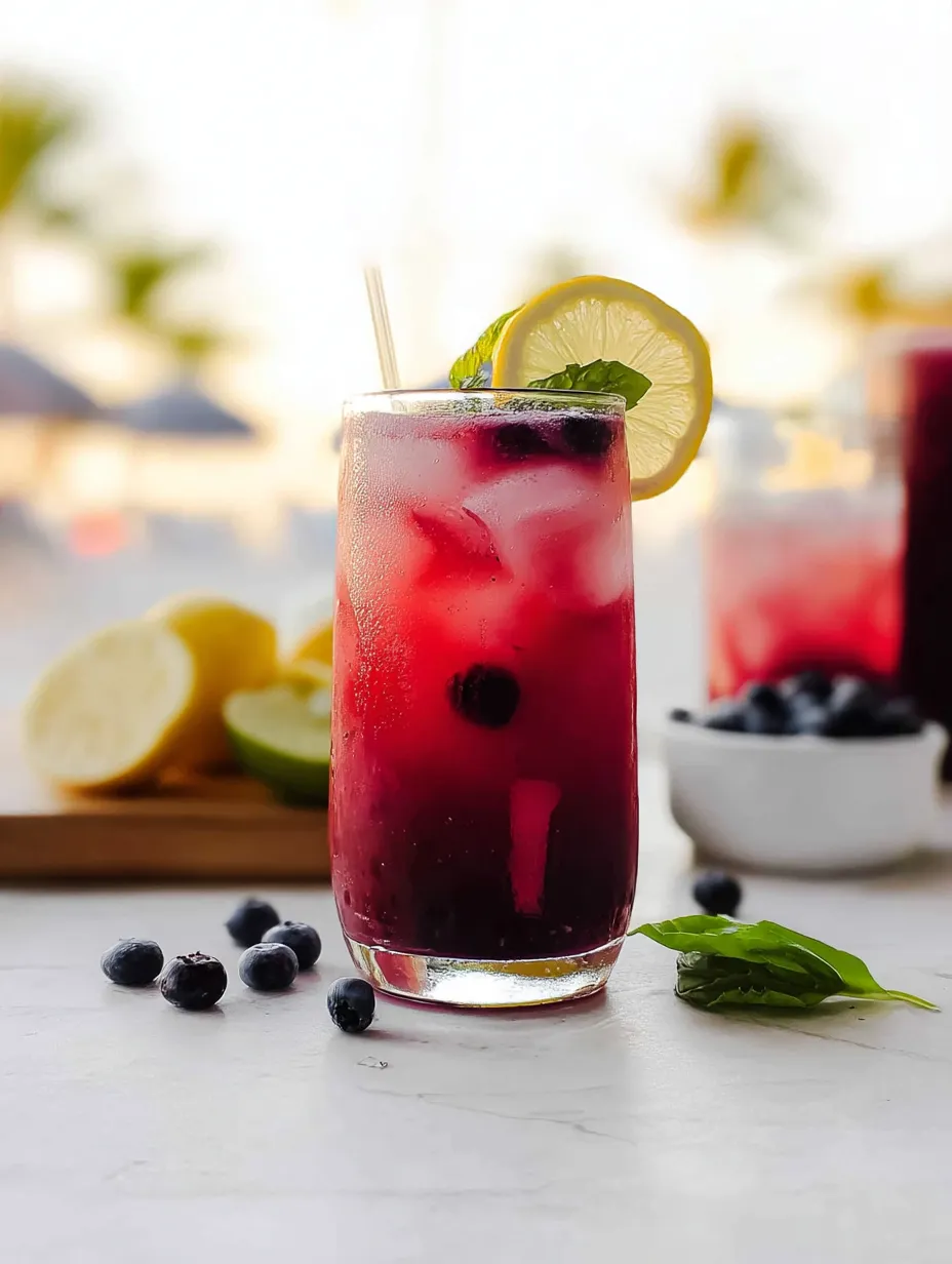 Ein Glas Blaubeerlimonade mit Zitronenschnitz daneben.