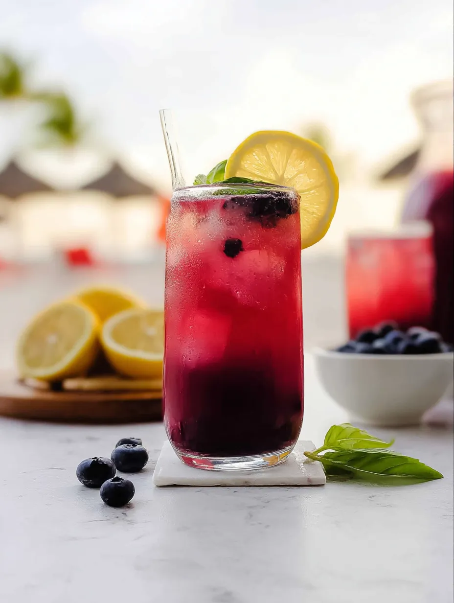 Ein Glas Blaubeerlimonade mit Zitronenschnitz daneben.