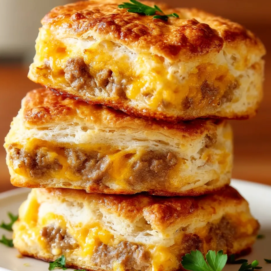 Drei übereinander gestapelte Brötchen mit geschmolzenem Käse.