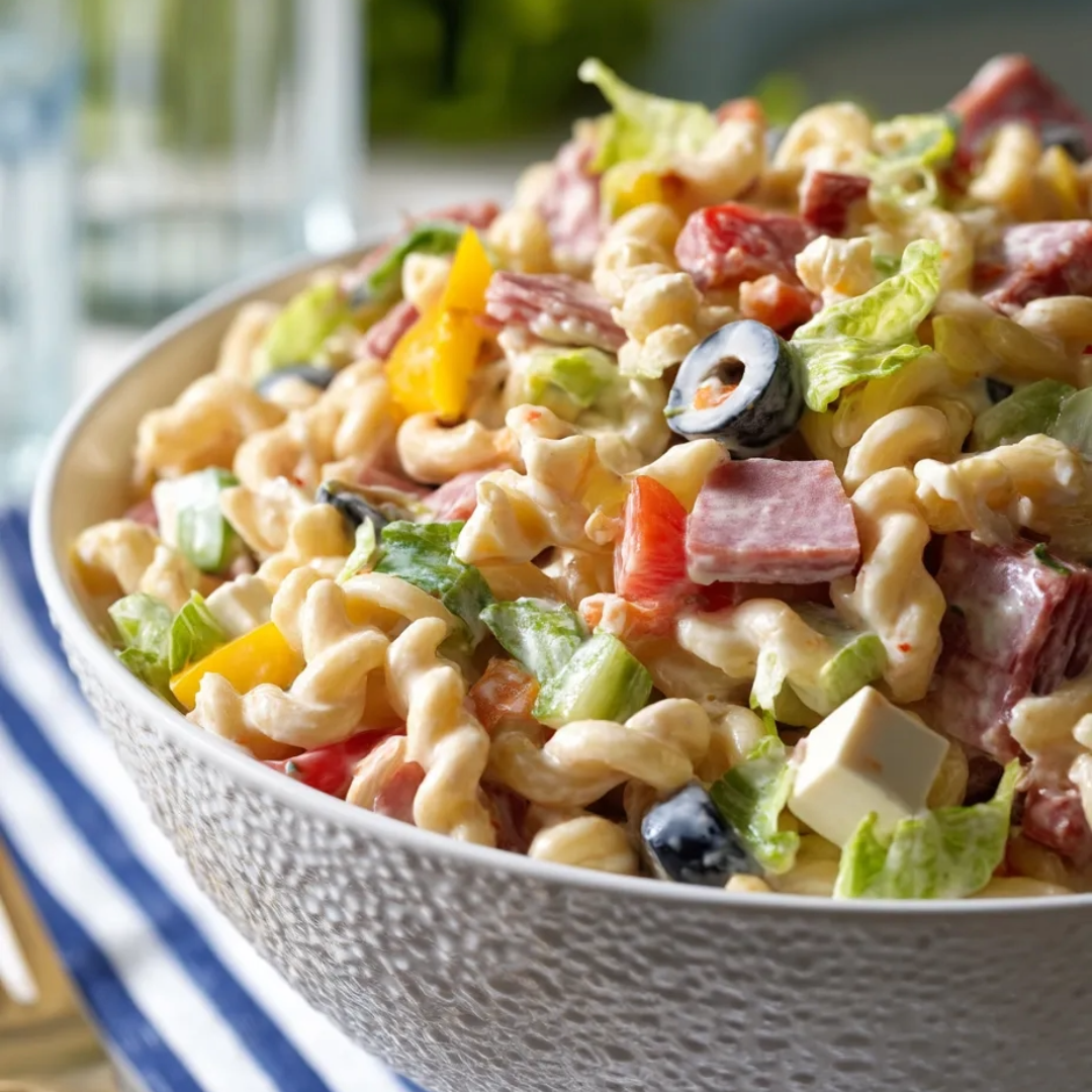Eine Schüssel Nudelsalat mit Gemüse.