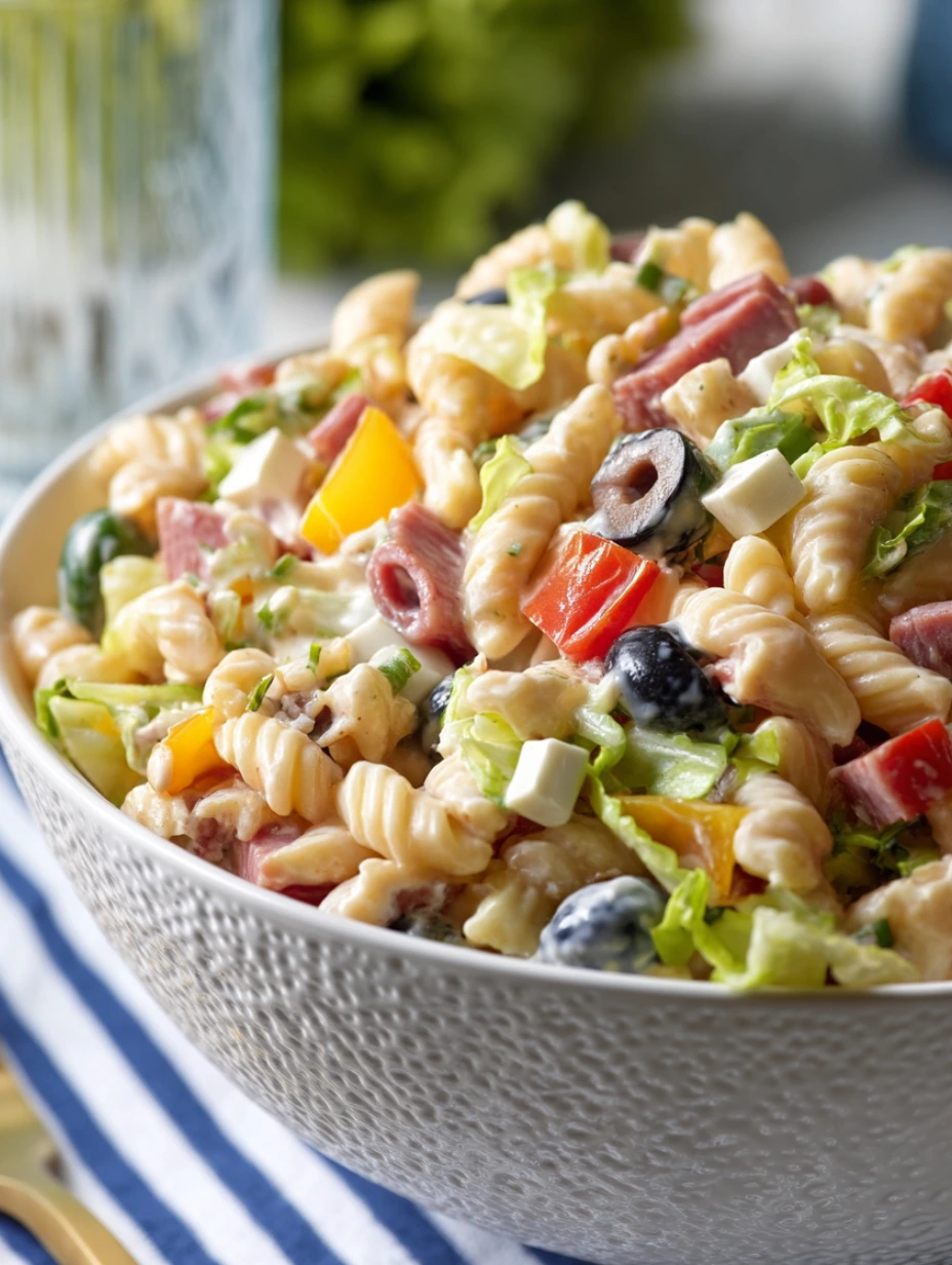 Eine Schüssel Nudelsalat mit Blaubeeren und Schinken.