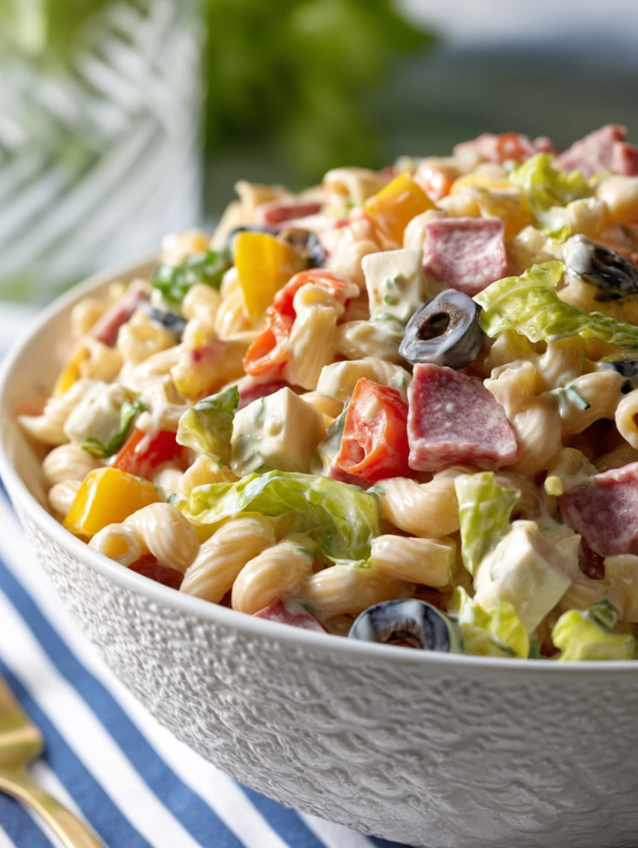 Eine Schüssel Nudelsalat mit Gemüse.