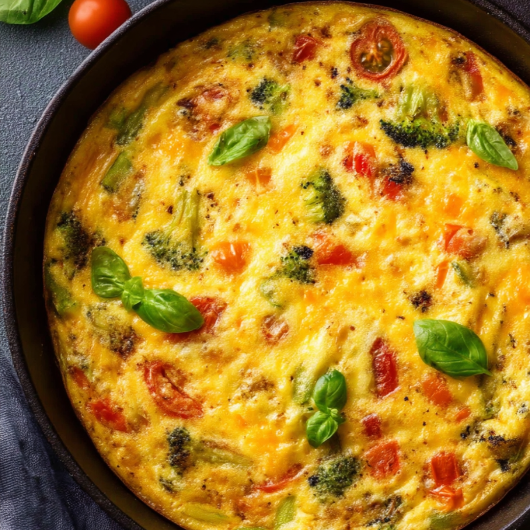 Nahaufnahme eines Gemuese-Omletts mit Brokkoli und Tomaten.