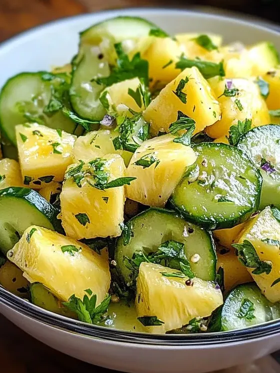 Eine Schüssel voll Ananas und kühler Gurkenscheiben.