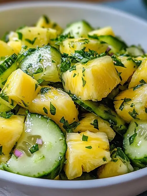 Gurke und Ananas bunt gemischt in einer Servierschüssel.
