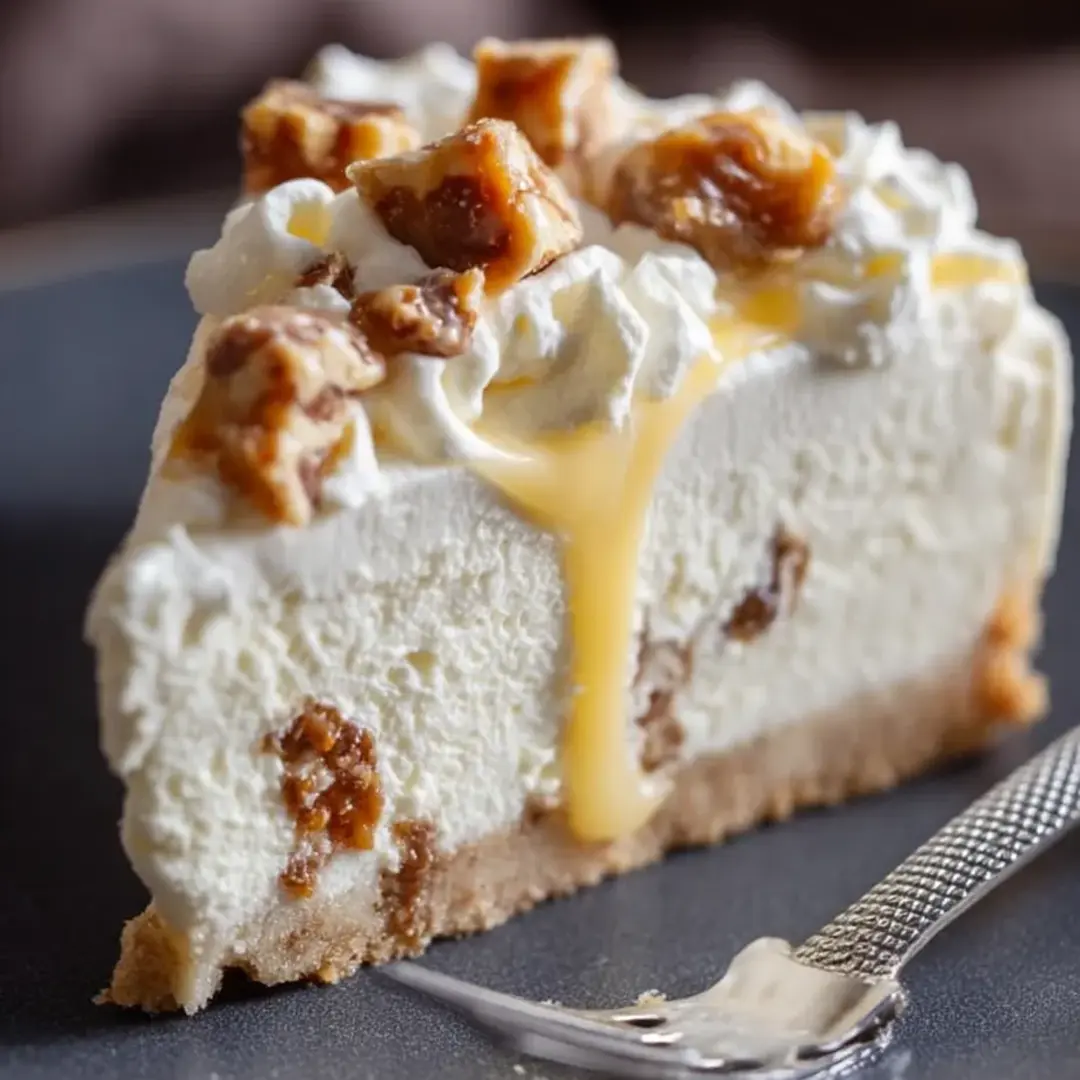 Ein Stück Käsekuchen mit Karamellsoße.