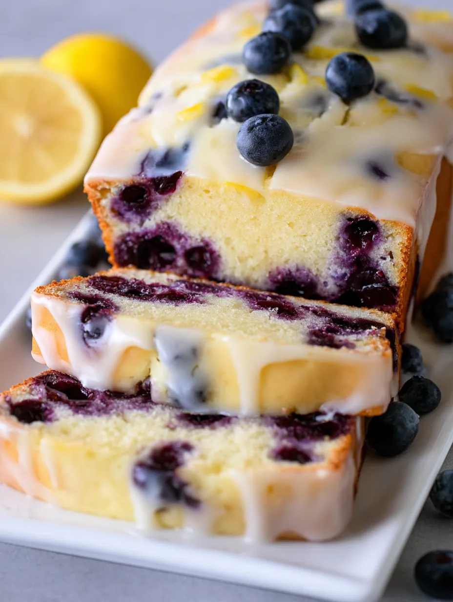 Ein Stück Kuchen mit Blaubeeren und Zitrone.