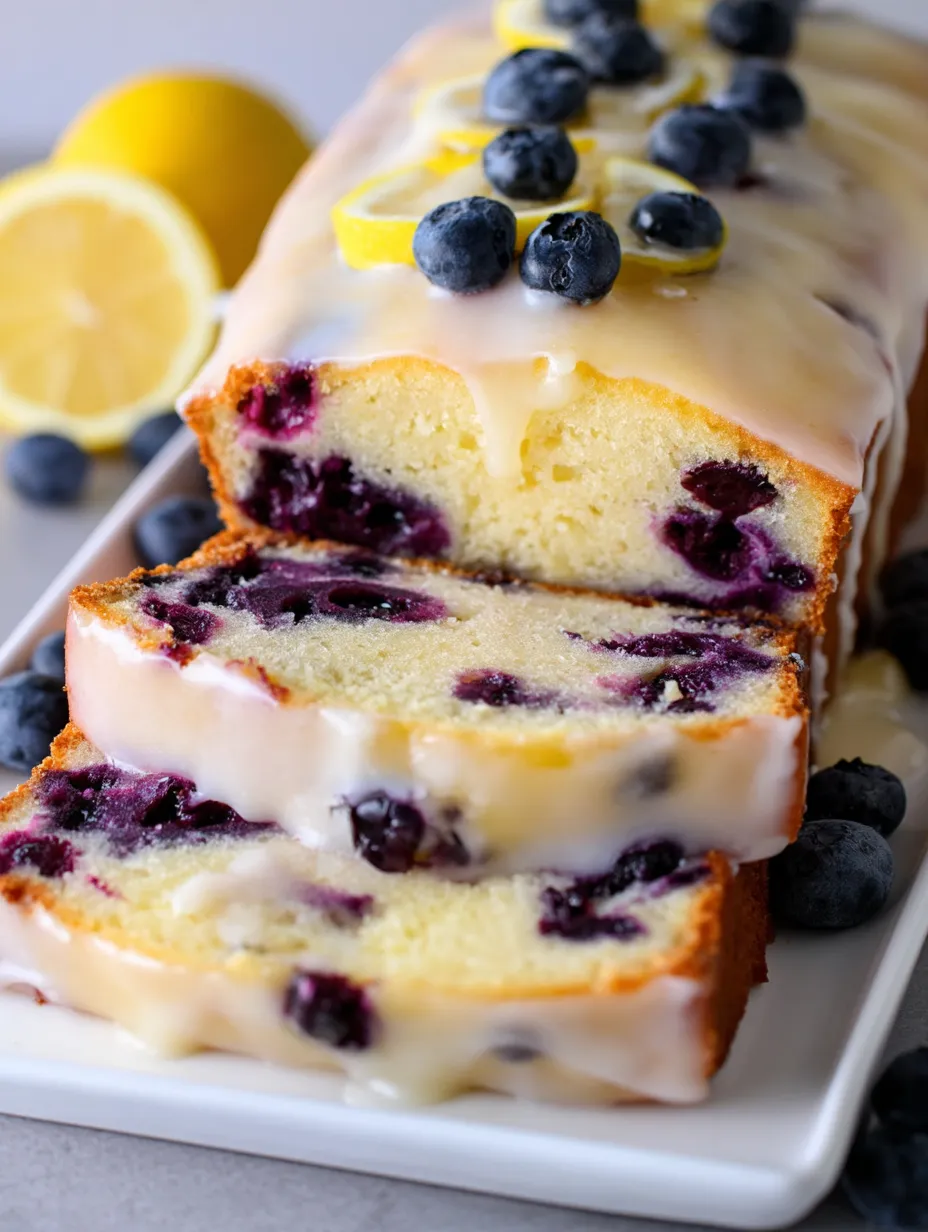 Ein Stück Kuchen mit Blaubeeren und Zitrone.