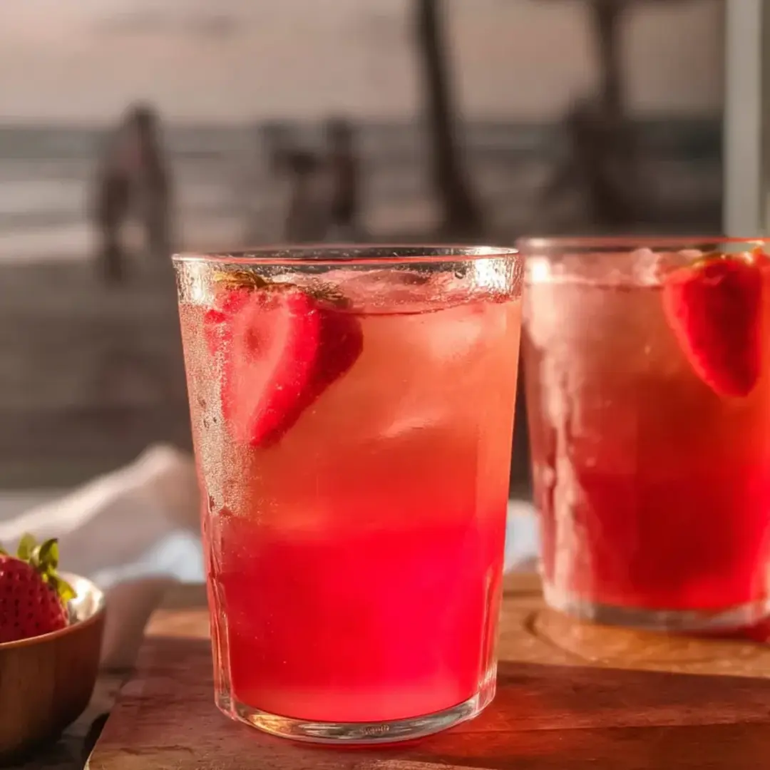 Zwei Gläser pinkes Getränk mit Erdbeeren drin.