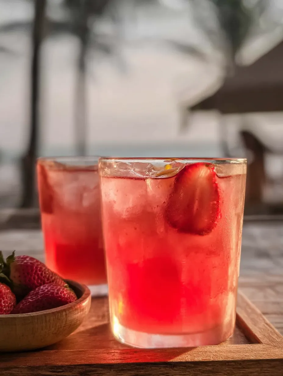Zwei Gläser rosa Getränk mit Erdbeeren.