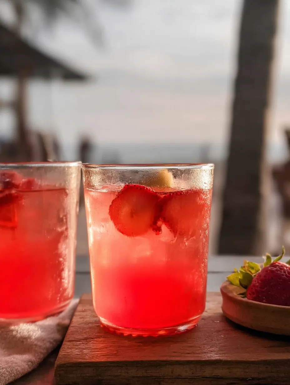 Zwei Gläser rosa Getränke mit Erdbeeren darin.