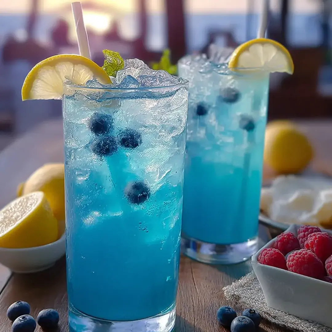 Zwei blaue Drinks mit Zitrone und Blaubeeren.