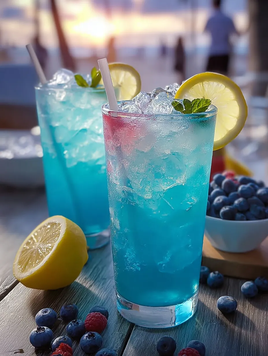 Zwei blaue Erfrischungen mit Zitronenscheibe.