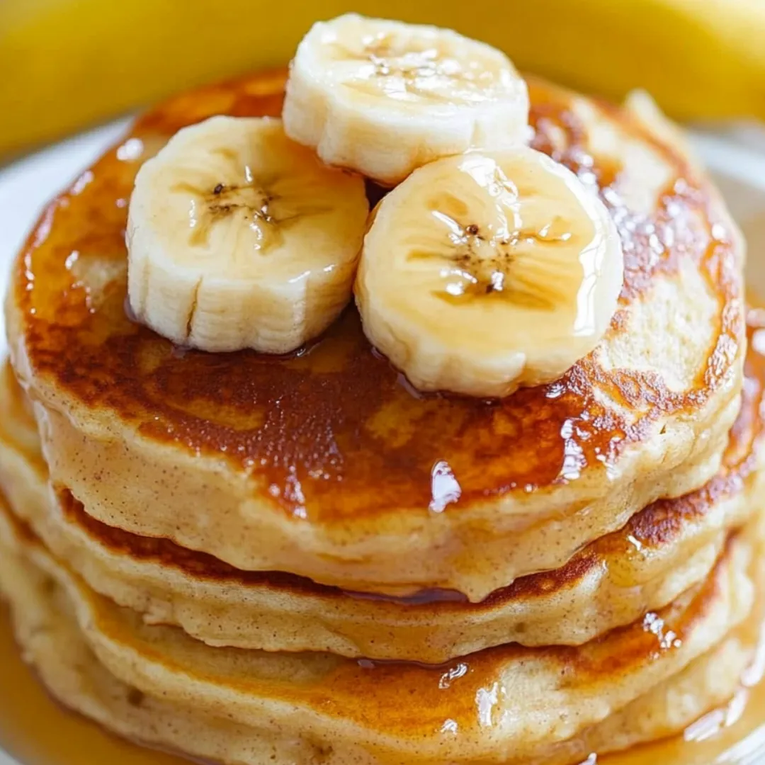 Pancake-Stapel mit Banane bedeckt.