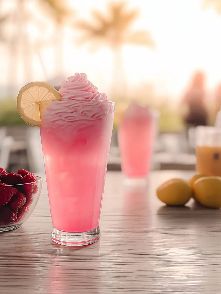 Ein Glas pinkfarbenes Getränk mit Zitronenspalte darin.