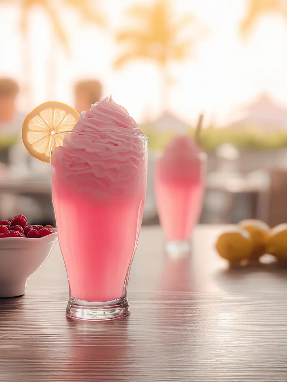Ein Glas rosa Getränk mit Zitronenstück.