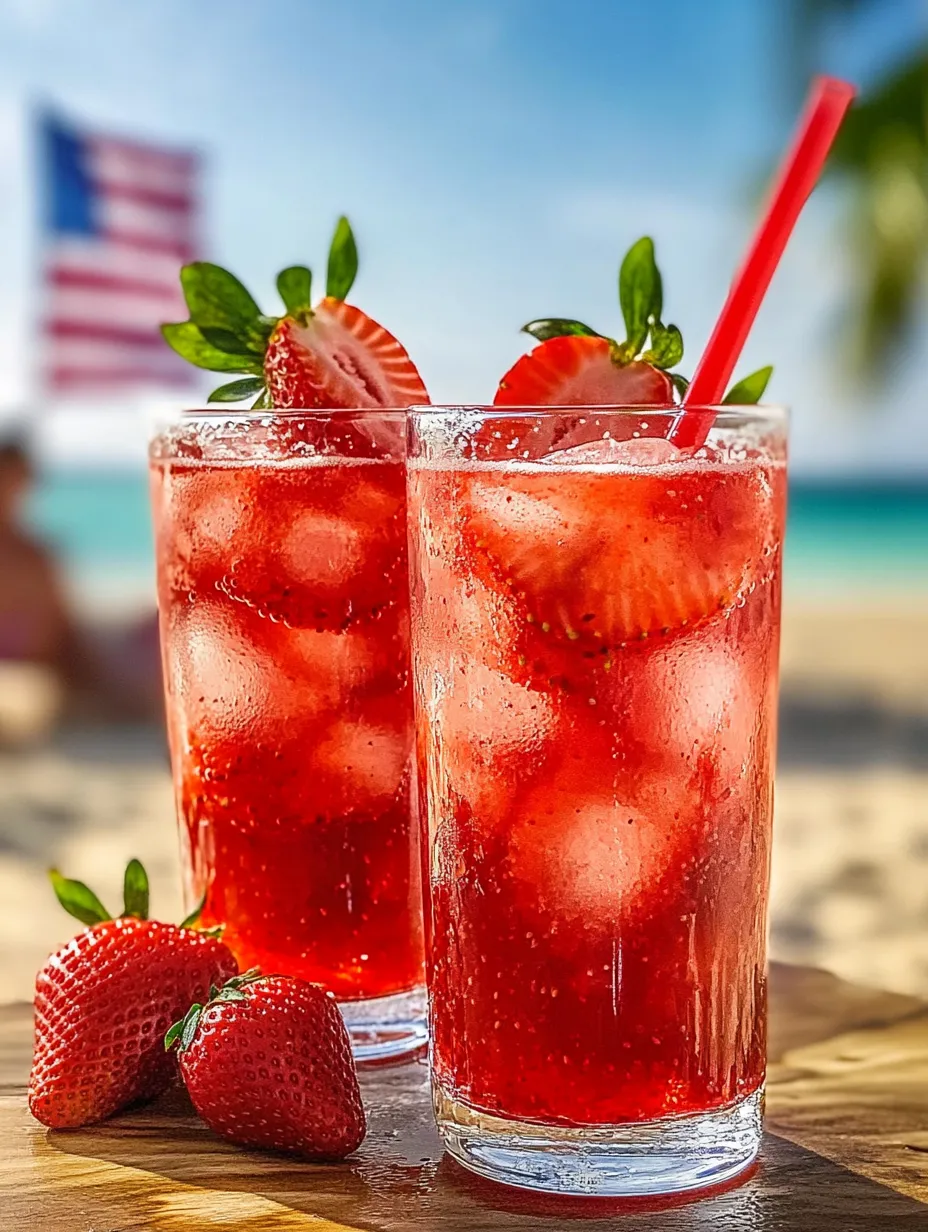 Zwei Gläser mit rotem Drink und Erdbeeren.
