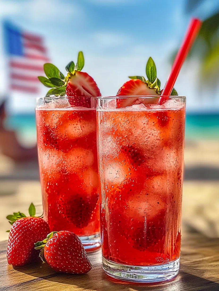 Zwei Gläser mit rotem Drink, dazwischen Erdbeeren.