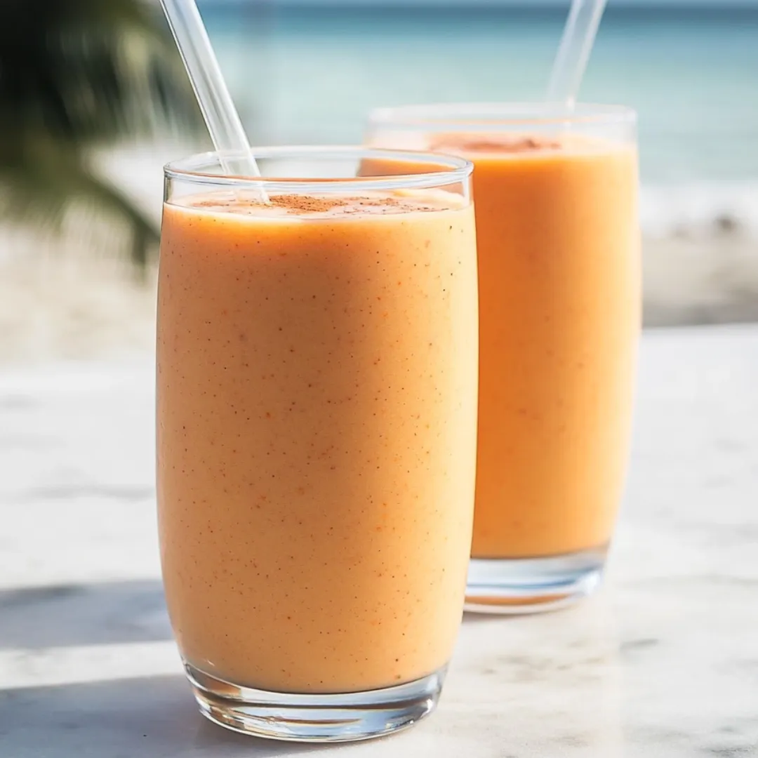 Zwei Gläser mit orangem Milchshake stehen auf dem Tisch.