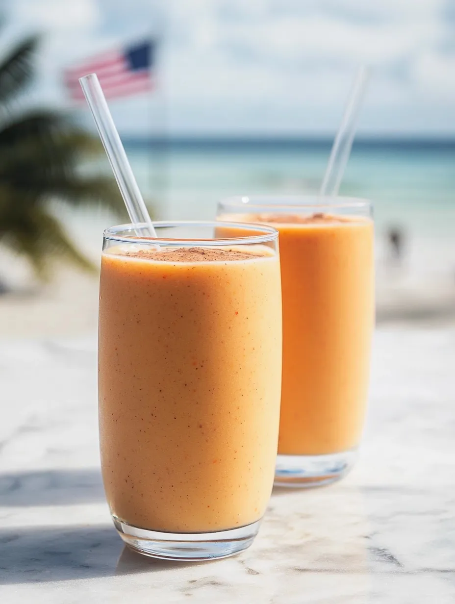Zwei Gläser mit leuchtend orangem Drink auf einem Tisch.