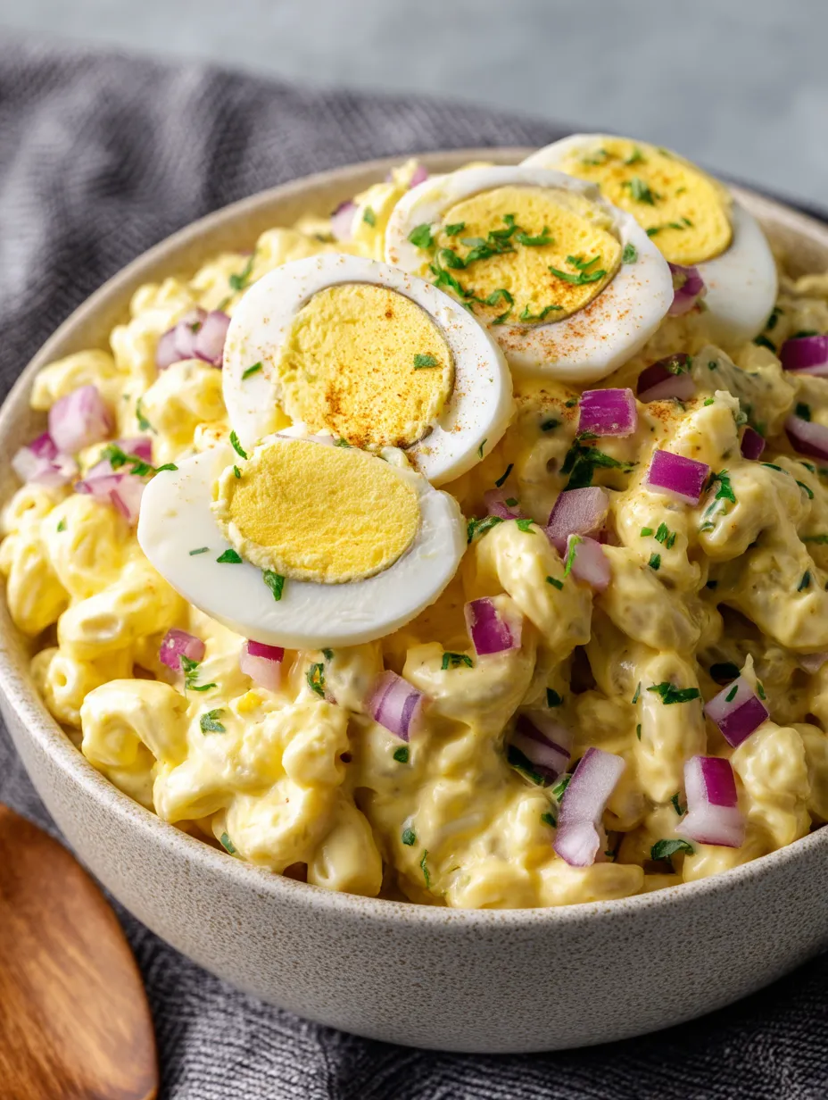 Eine Schüssel cremige Makkaroni mit geschnittenen Eier oben drauf.