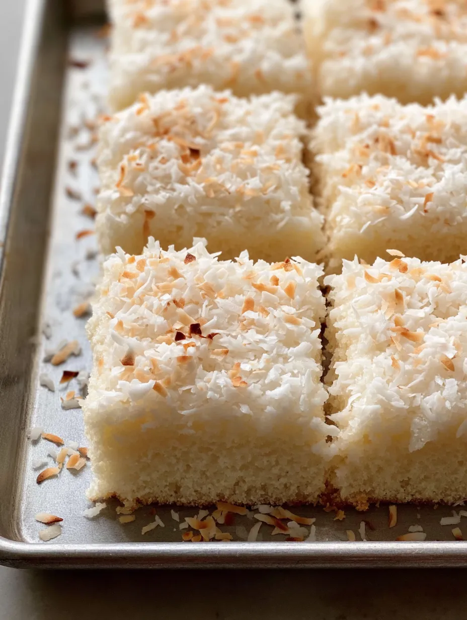 Ein Blechkuchen mit Kokos obendrauf.