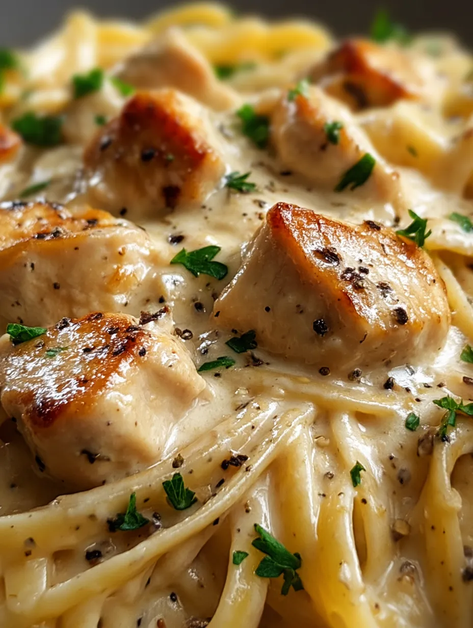Ein Teller mit Hähnchen und Pasta.