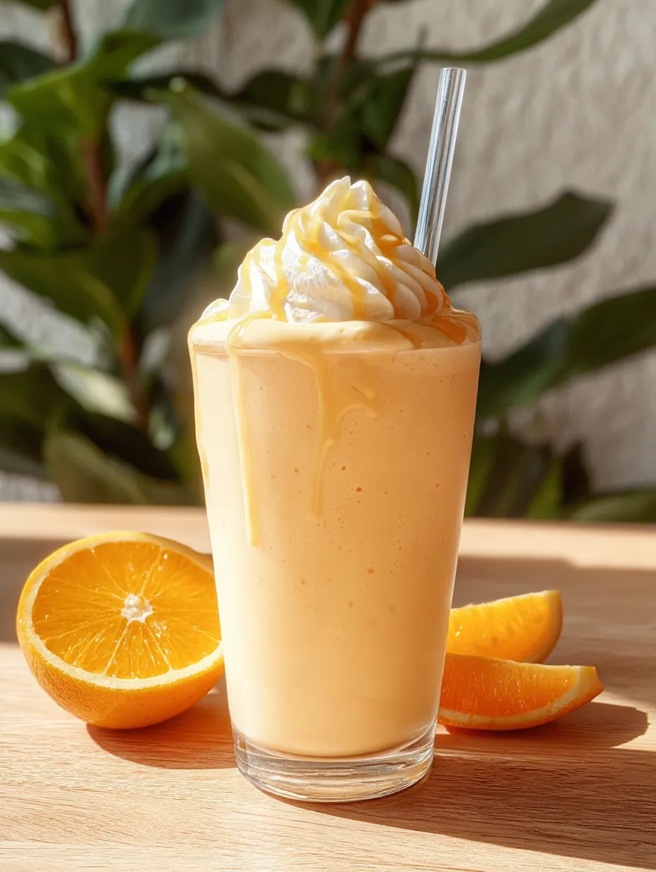 Ein Glas Orangensaft mit einer Orangenscheibe am Rand.