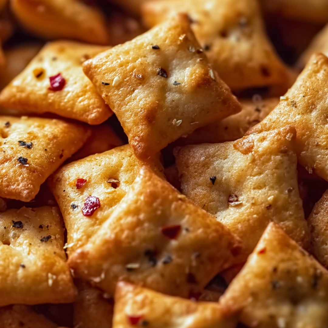 Ein Stapel Käse- und Peperoni-Cracker.
